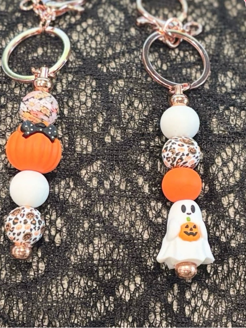 Halloween Pumpkin & Ghost Beaded Keychain - Orange White